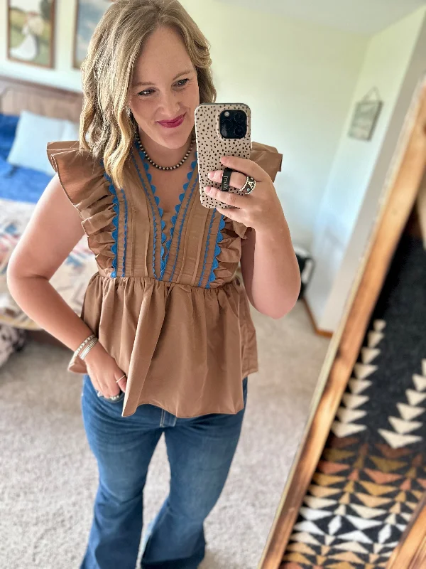 Brown Peplum Ruffle Shoulder Top