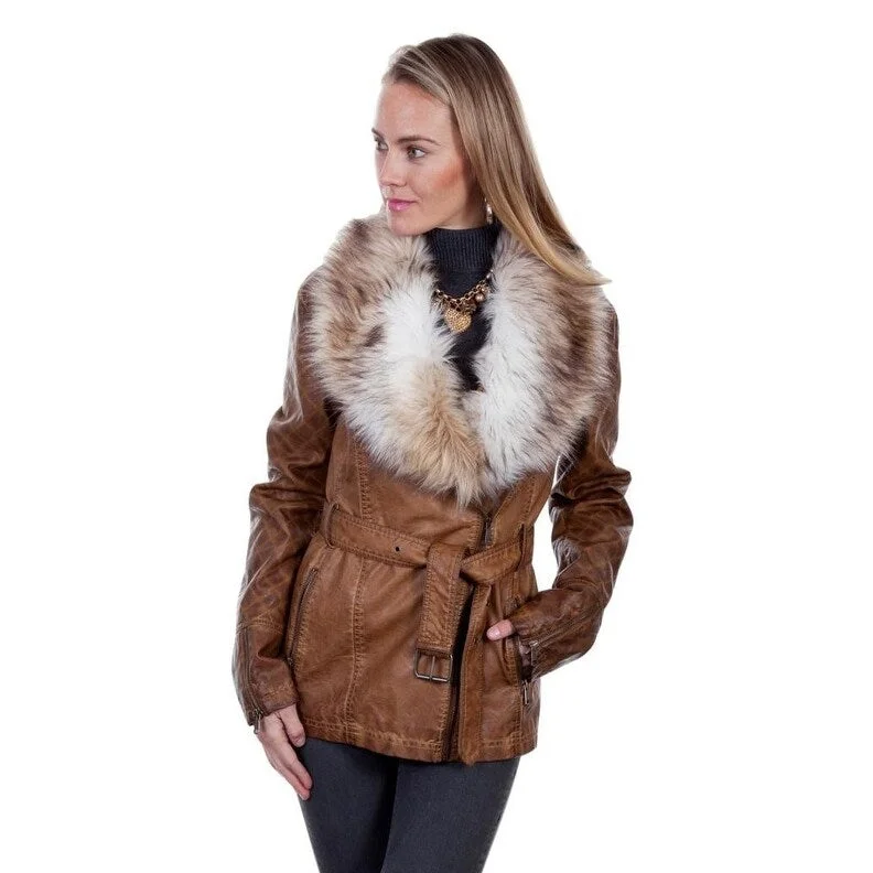 Scully Western Jacket Womens Fax Fur Collar Front Zip Belt F0_8029