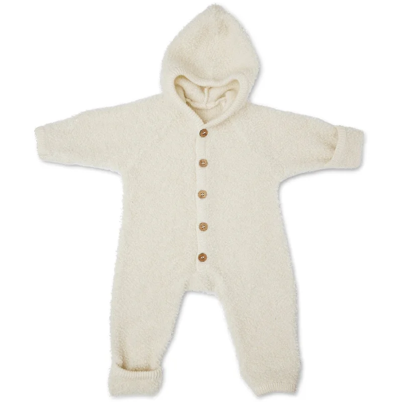 Smallstuff Off White Jumpsuit Bouclé Merino Wool With Buttons And Hood