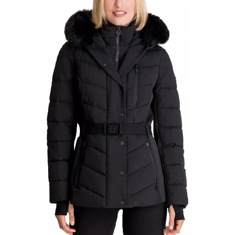 Michael Michael Kors Women's Faux Fur Hooded Puffer Scuba Belted Coat Jacket Black