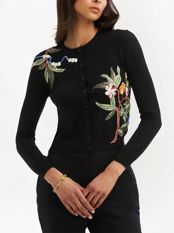 Floral Embroidered Cardigan In Black Multi