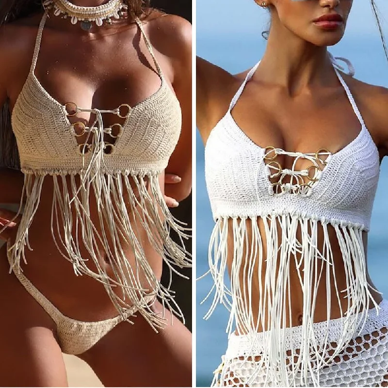 Womens Knit Camisole Bohemian Floral Tassel Halter Top Holiday Crochet Bikini Top Bralette Bra Tank Vest Summer Sexy Beachwear