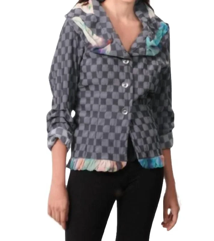 Checkerboard Ruffled Cardigan In Gray/black