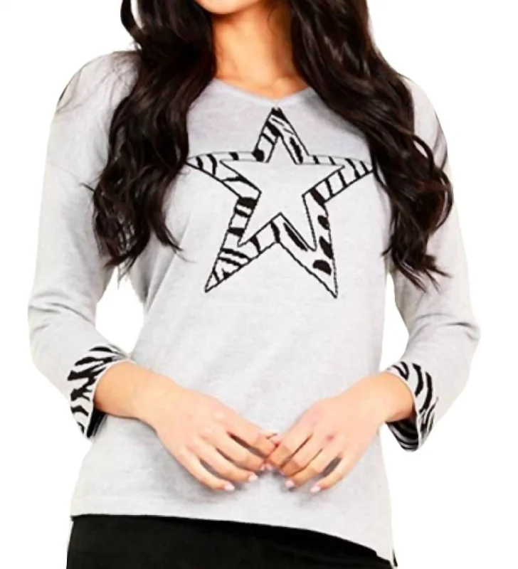 3/4 Star Sleeve V-Neck Sweater In Silver