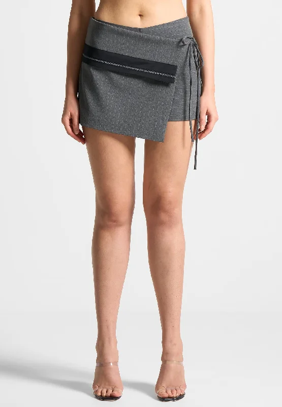 Pinstripe Tailored Mini Skort with Tie - Grey