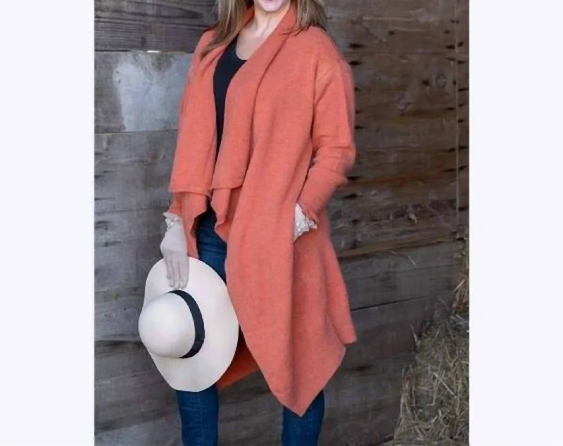 Long Open Front Cardigan In Coral Orange Rust