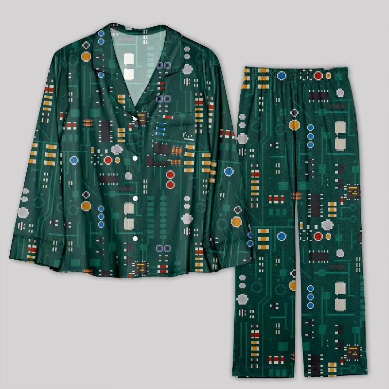 Pixel Style Electronic Components Dark Green Pajamas Set