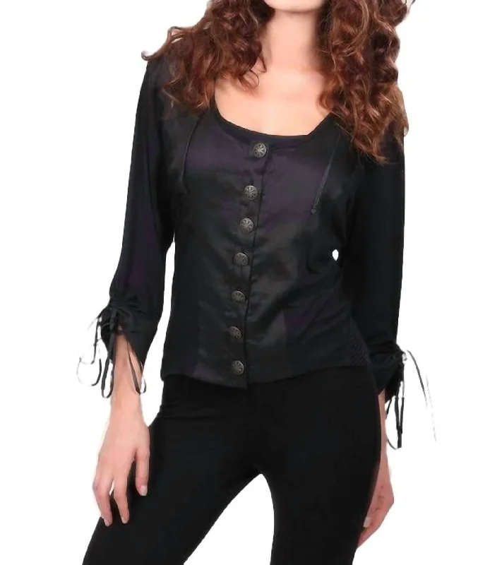 Drawstring-Slv Buttoned Top In Black