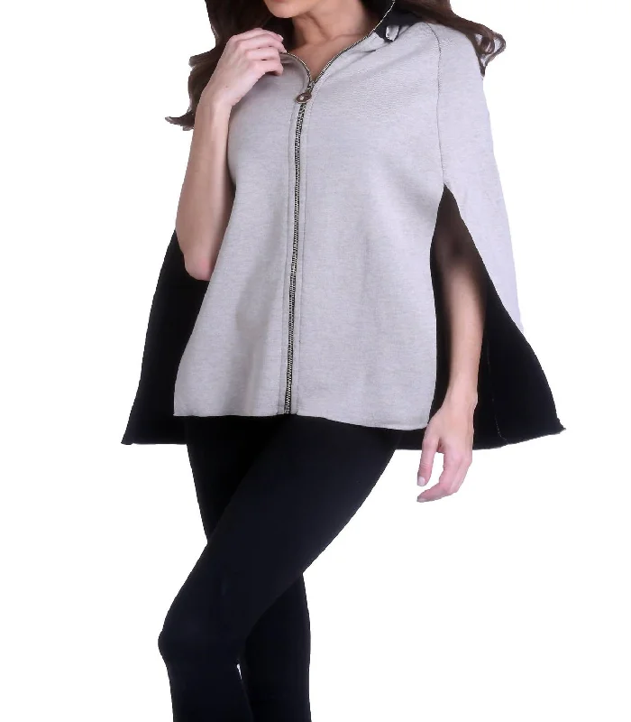 High Slit Detachable Hooded Poncho In Black/stone