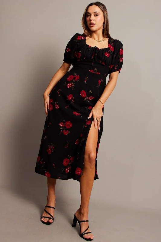 Black Floral Midi Dress Puff Sleeve Midi