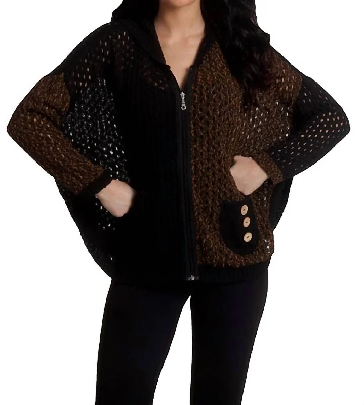 Crochet Button Hoodie Poncho In Spiceblack