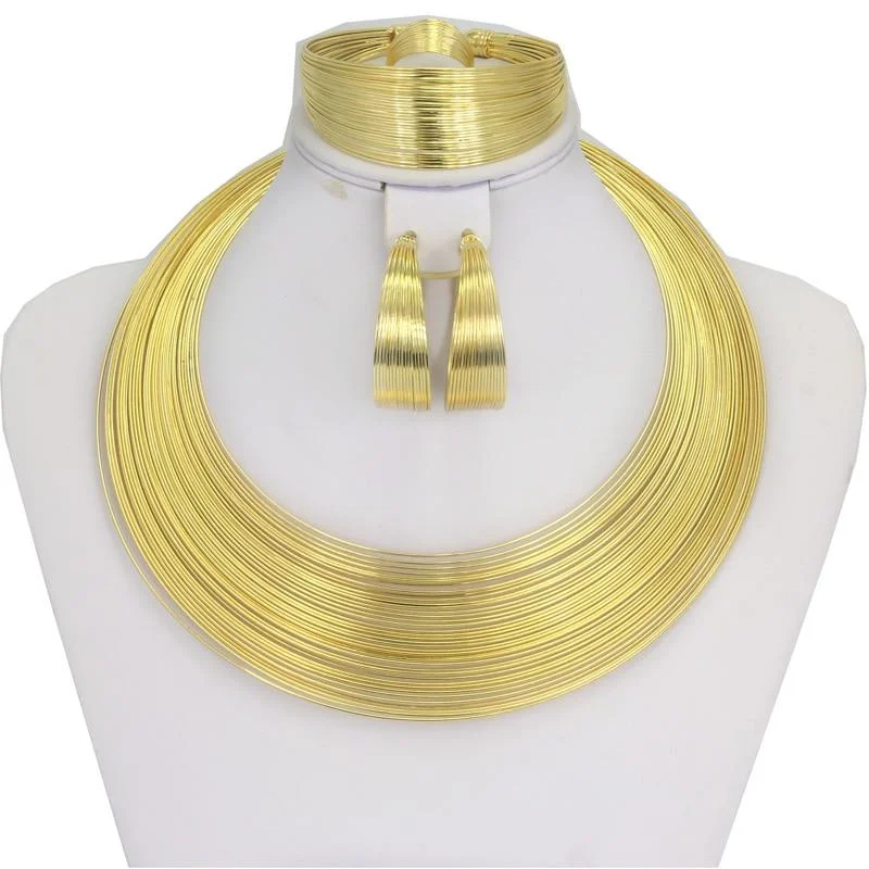 African Women's Fashion Dubai Gold Wire Necklace Bracelet Earrings Sets