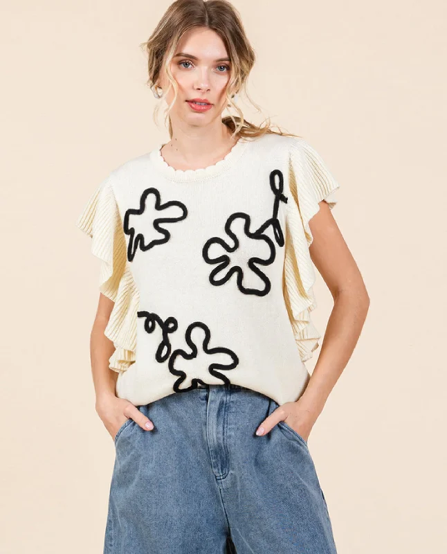 Short Sleeve Sweater with Flowers