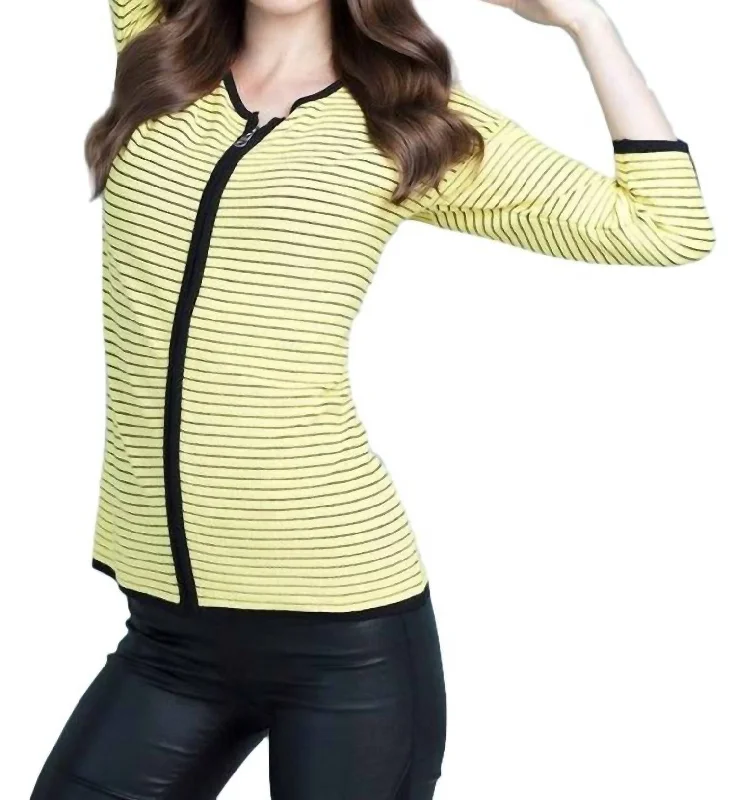 Zip-Front Striped Cardigan In Yellow