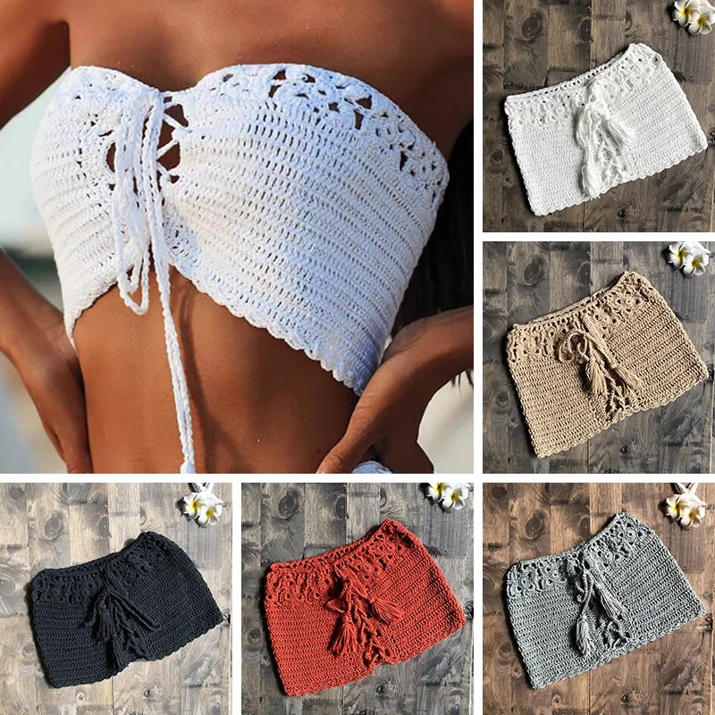 Summer Sexy Women Bikini Top Bandage Hollow-out Tassel Swimsuit With Sleeves Summer Crochet Top Swimwear 2020 Bikini