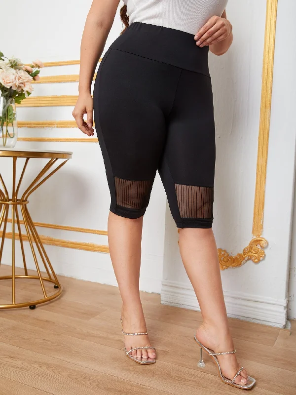 Plain Contrast Mesh Plus Size Leggings