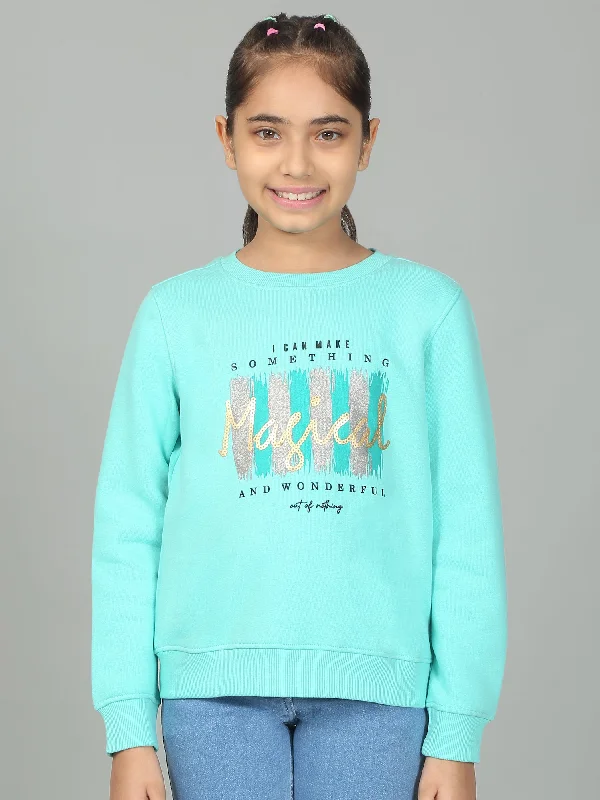 Girls Printed Aqua Round Neck Sweatshirt