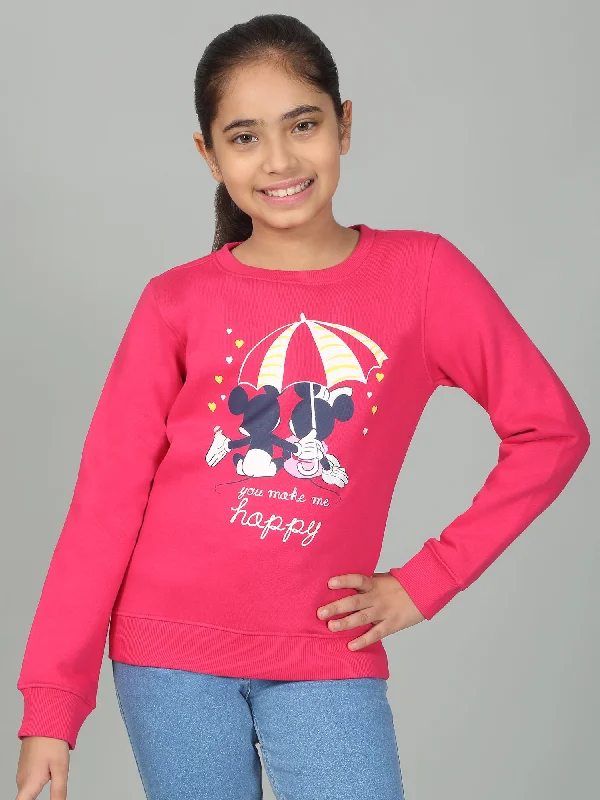 Girls Printed Pink Round Neck Sweatshirt