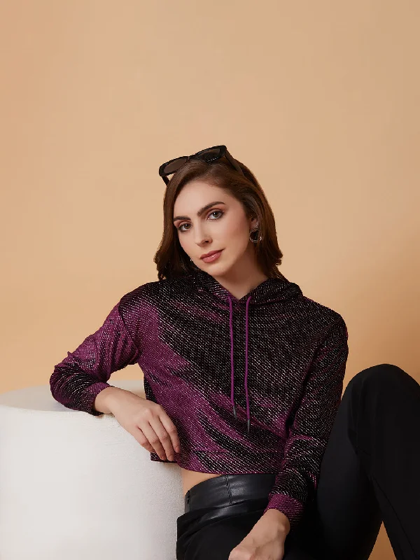 Women Solid Purple Drop Shoulder Crop Pullover