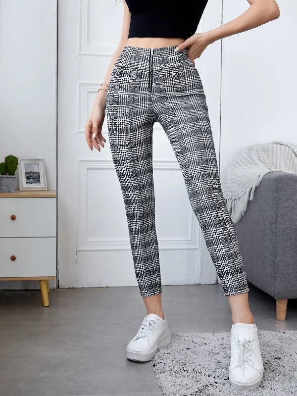 Casual Houndstooth Zipper Cropped Women Leggings