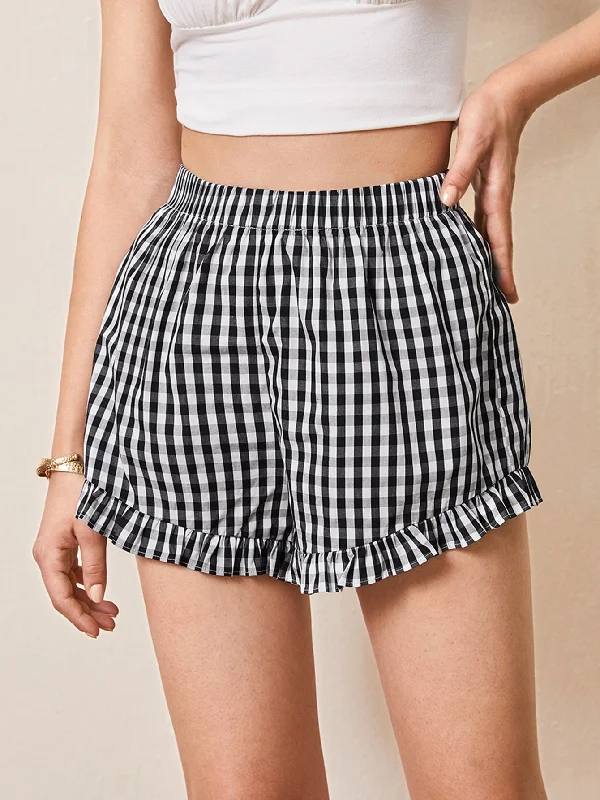 Boho Gingham Ruffle Hem High Waist Women Shorts