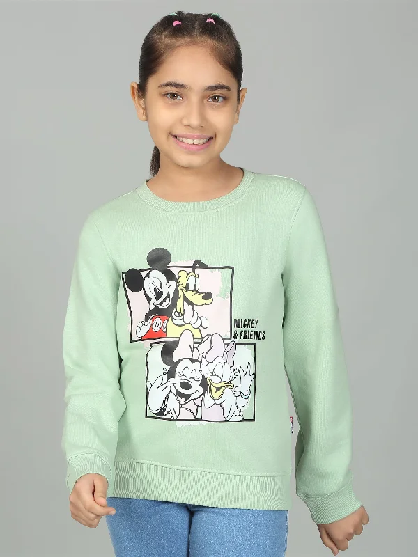 Girls Printed Green Round Neck Sweatshirt