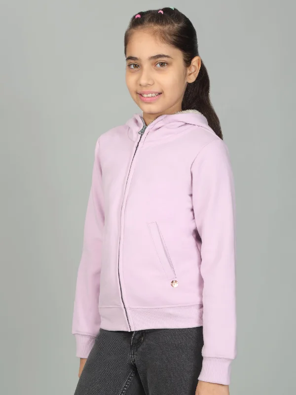 Girls Solid Lavender Hooded Neck Sweatshirt