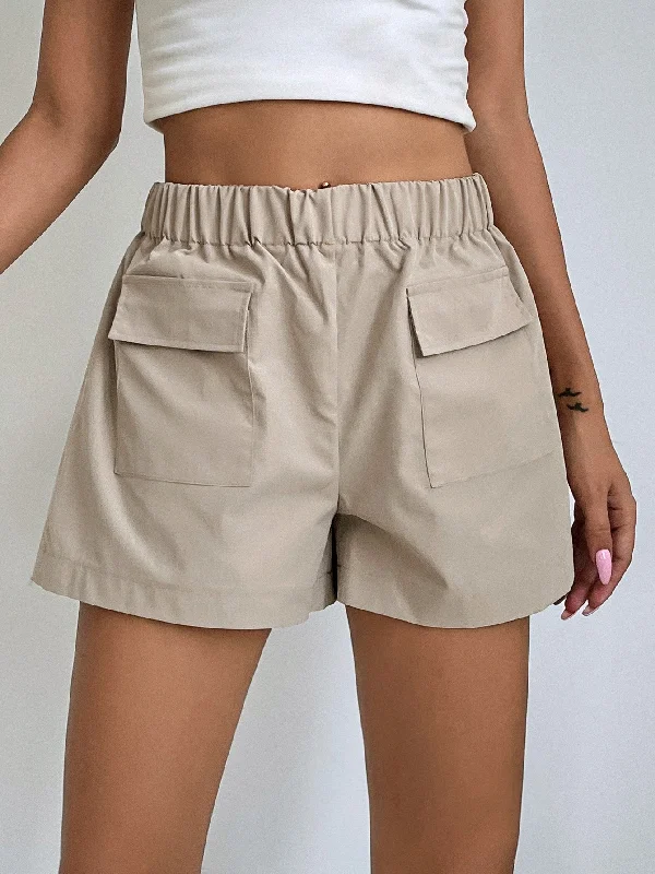 Casual Plain Pocket Natural Women Shorts