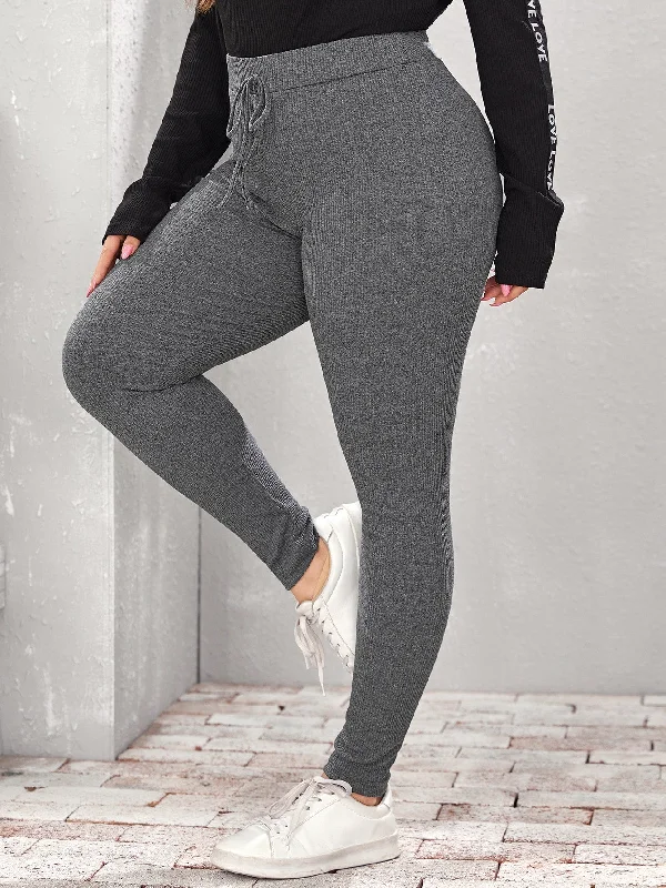 Plain Rib-Knit Long Plus Size Leggings