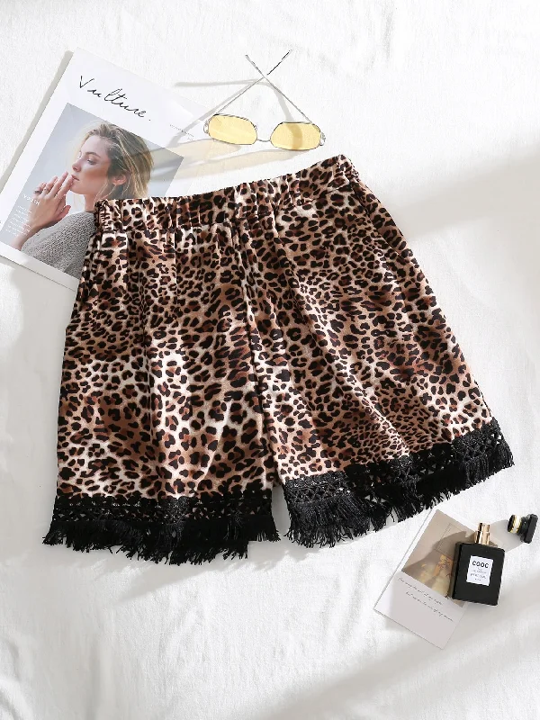 Boho Leopard Contrast Lace High Waist Women Shorts