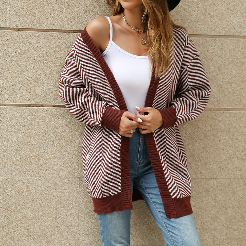 Striped Clashing Colours Knitted Cardigan Sweater Wholesale Womens Clothing N3824091200146