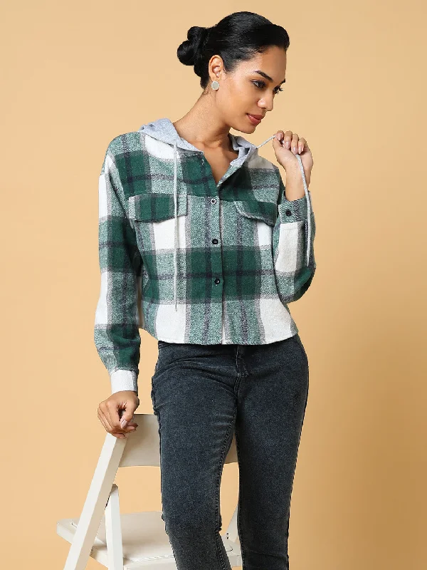 Women Hooded Checked Green Sweatshirt