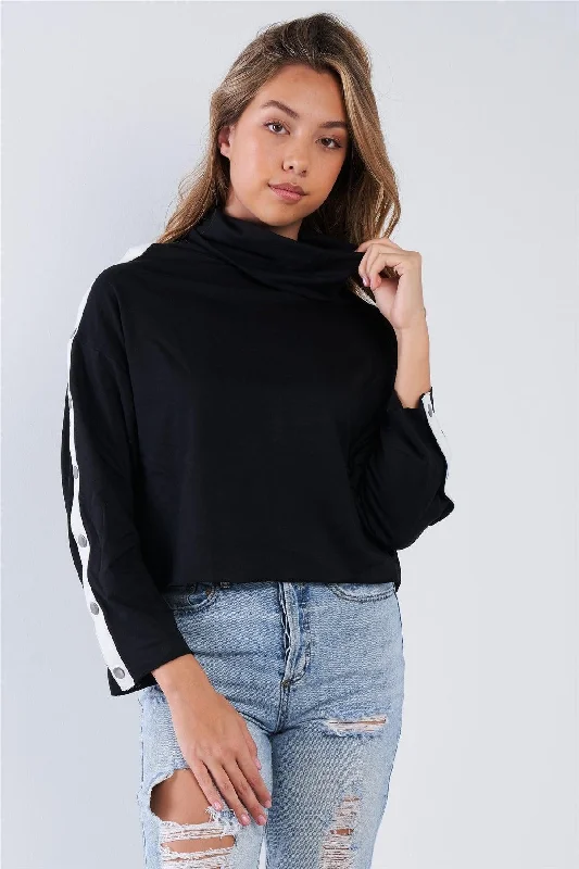 Black Long Sleeve Turtle Neck Shoulder Snap Sweater