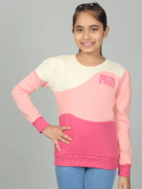 Girls Colorblock Pink Round Neck Sweatshirt