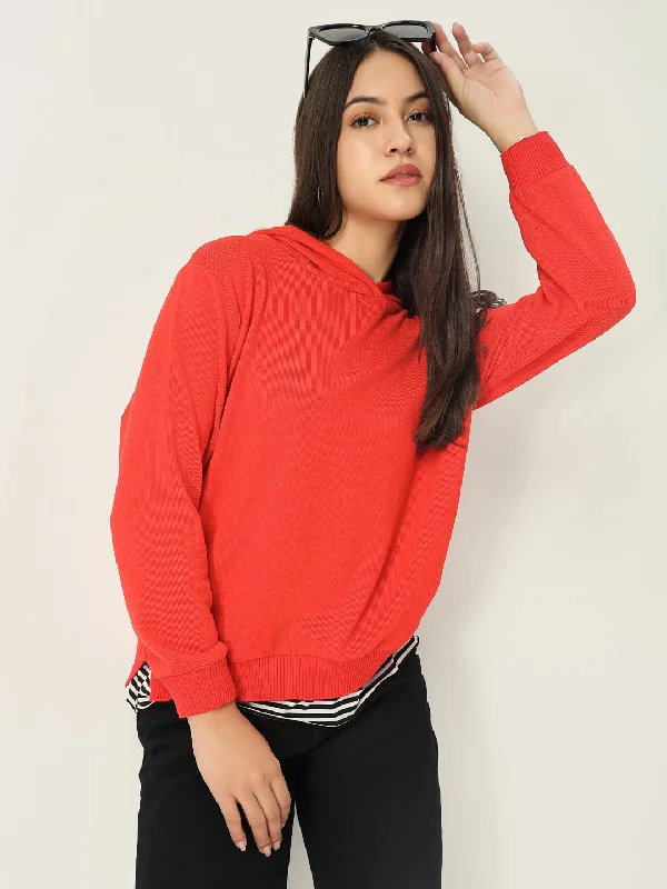 Women Red Solid Hooded Sweatshirt