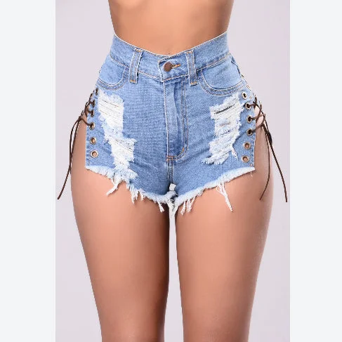 Lace-Up Shredded Denim Shorts Hot Pants Sexy Womens Clothing Summer