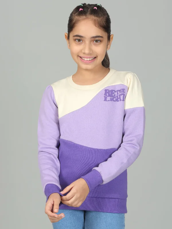 Girls Colorblock Purple Round Neck Sweatshirt